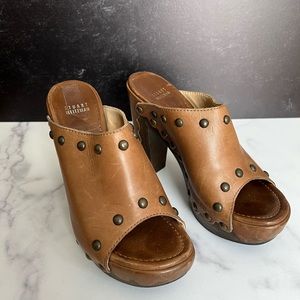Stuart Weitzman Sequoia Brown Leather Platform Mules
